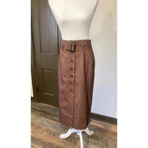 Women's Retro Brown Checkered High Waist Belted Button Pencil Midi Skirt